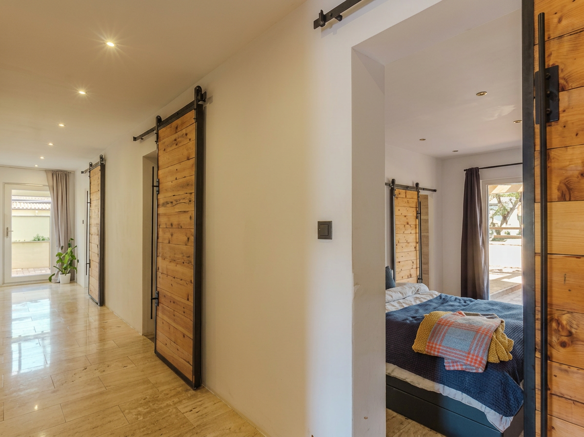 Hallway with wooden sliding doors to bedrooms