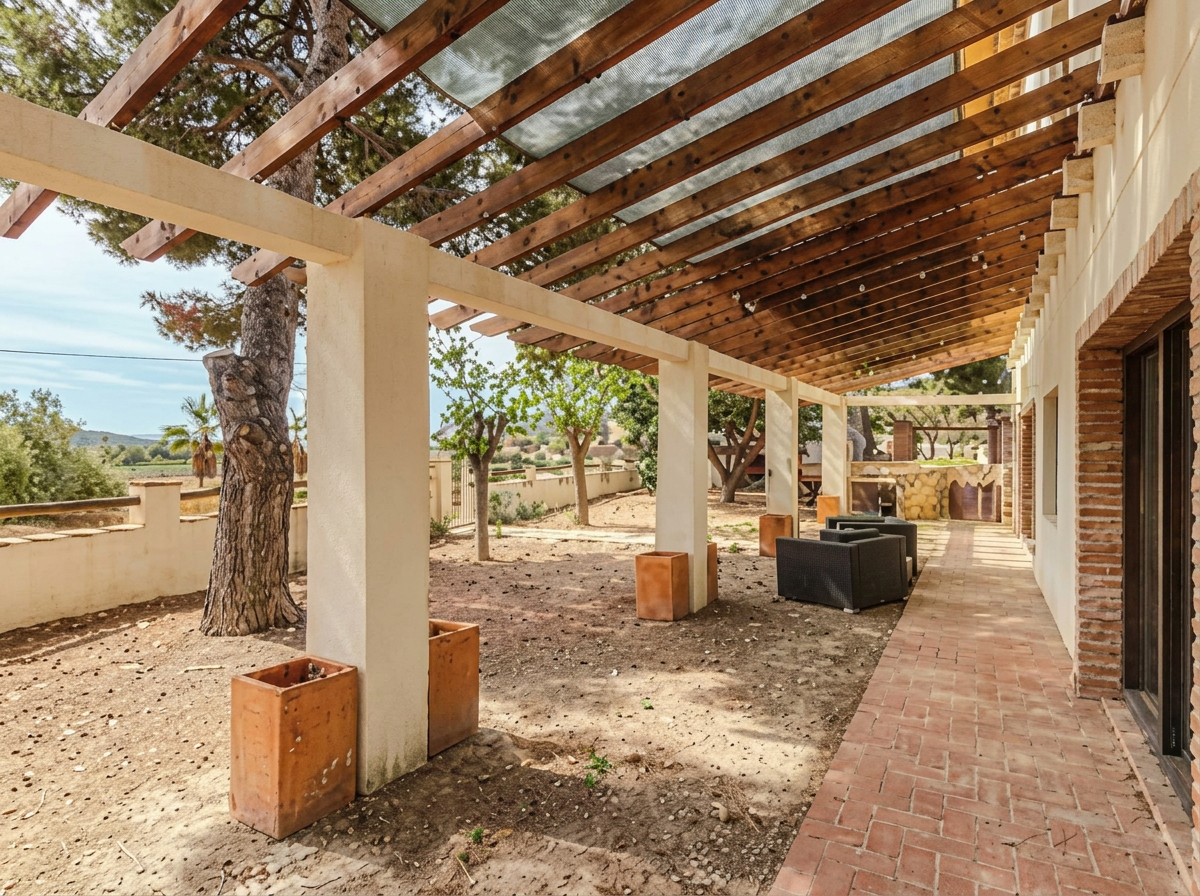 Covered pergola with garden and mountain views