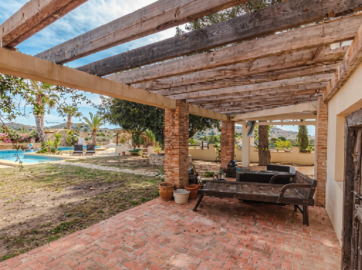 Pergola overlooking the pool and mountains