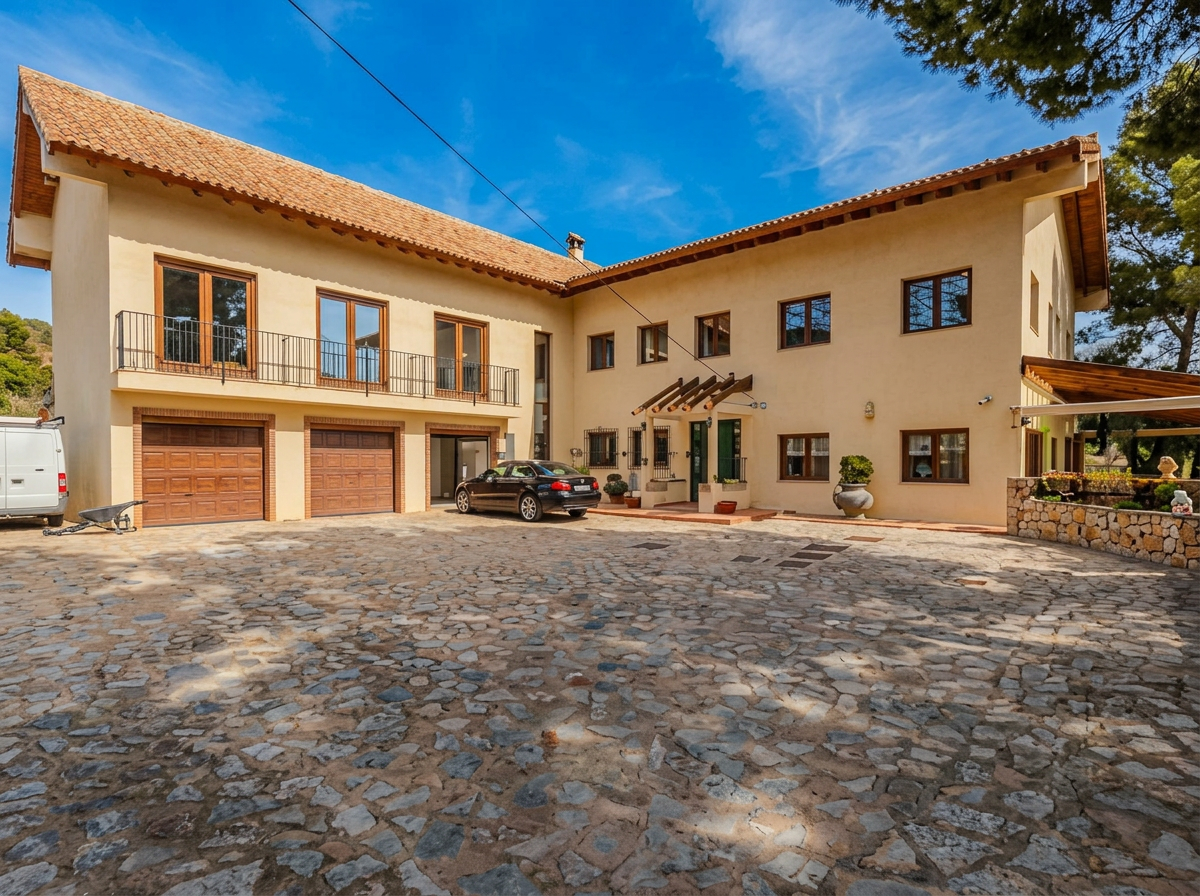Main façade with double garage and driveway
