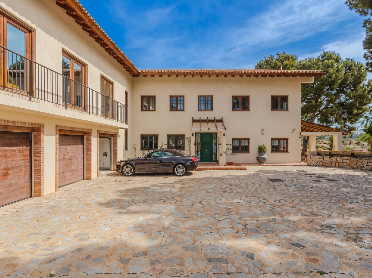 Front elevation with green entrance and cobblestone courtyard