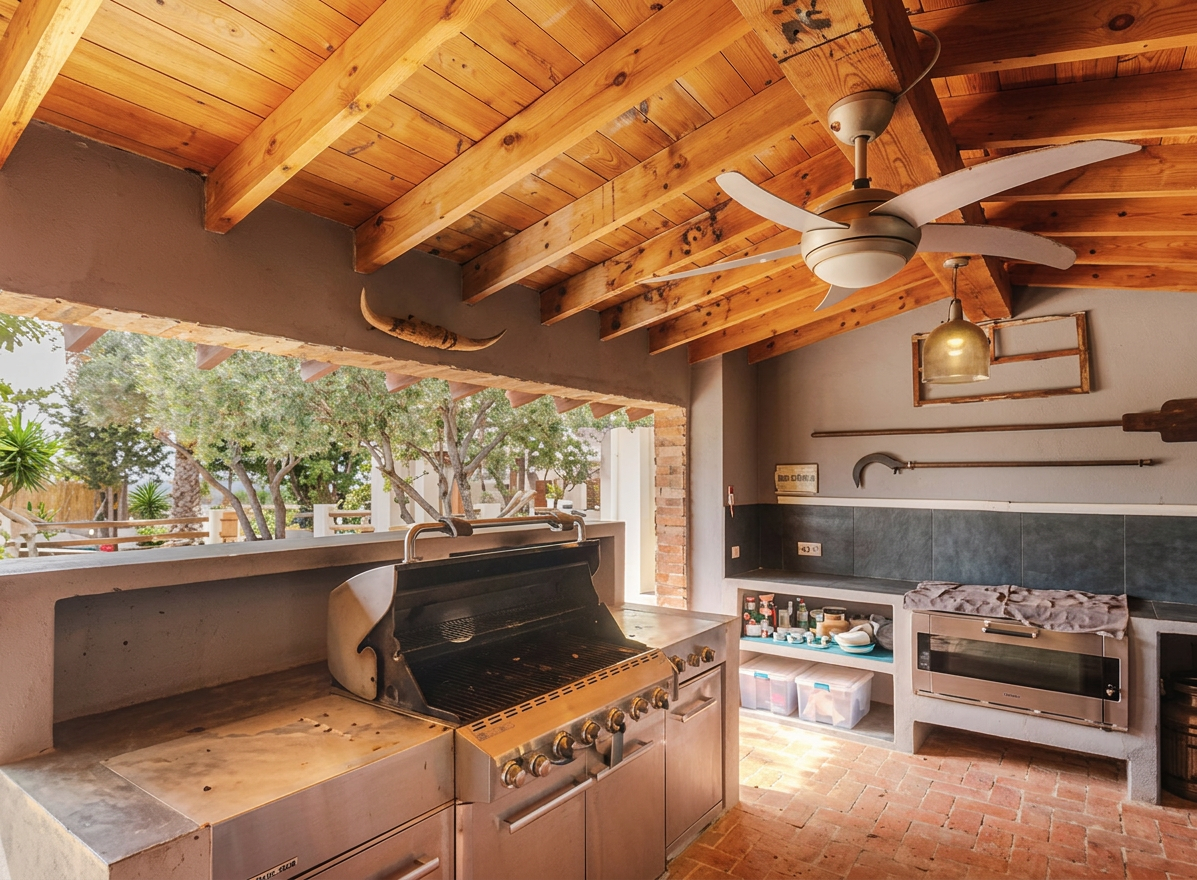 Covered outdoor kitchen with BBQ and timber roof
