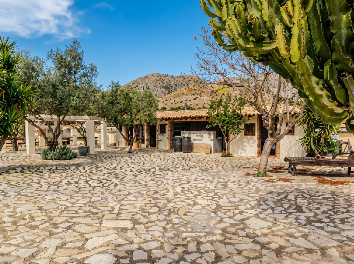 Courtyard with mountain views and wine barrels