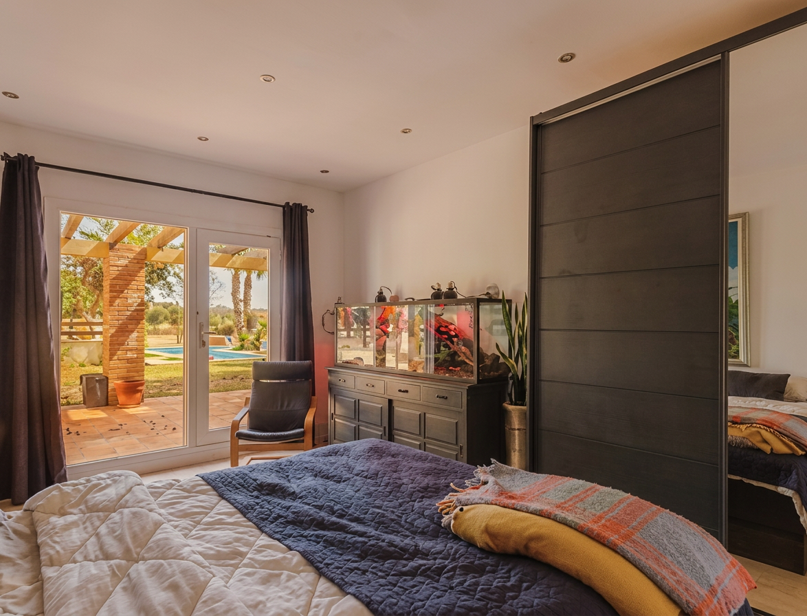 Bedroom with terrace views and dark sliding wardrobe