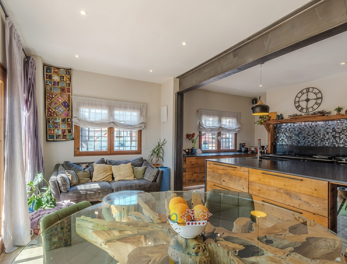 Open living space with wooden kitchen and steel beam