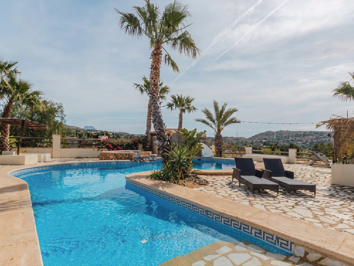Pool with palms and panoramic hillside views