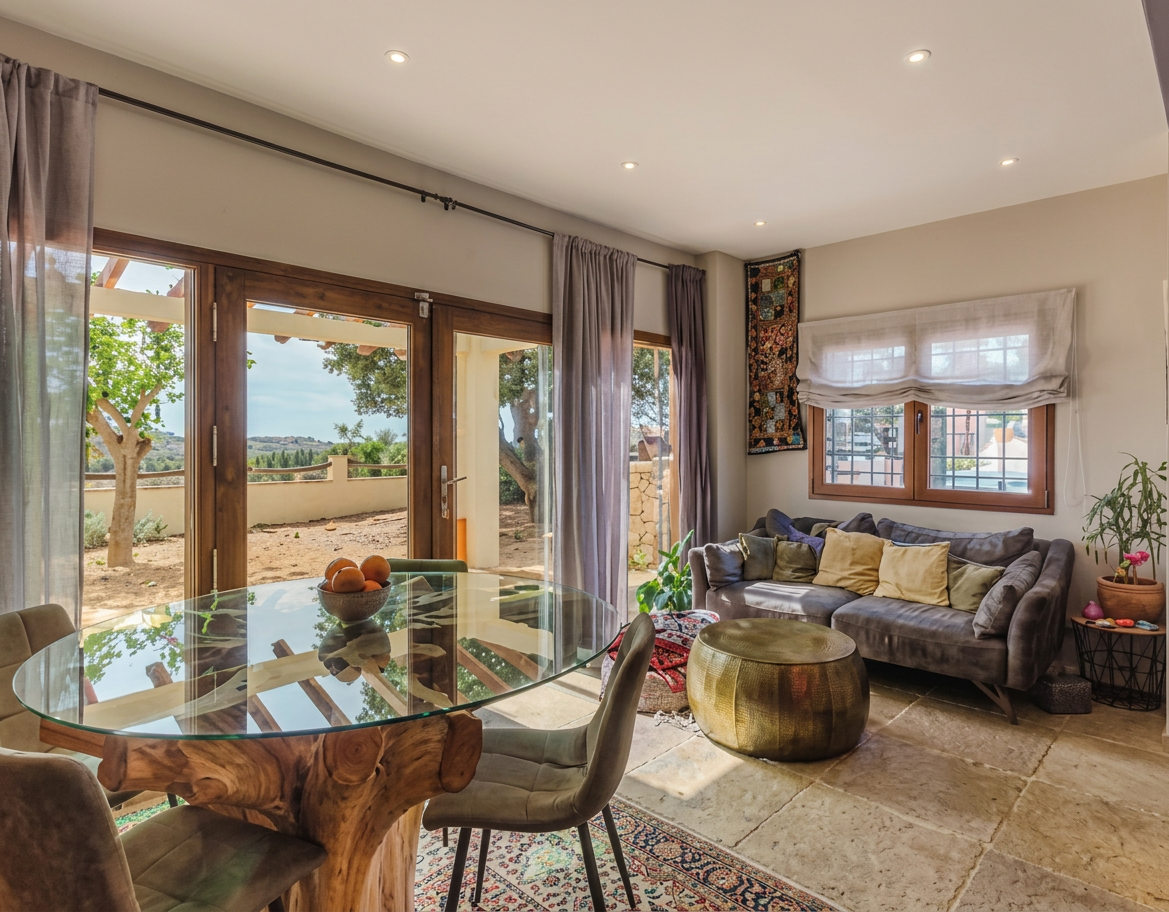 Bright dining and living area with garden doors
