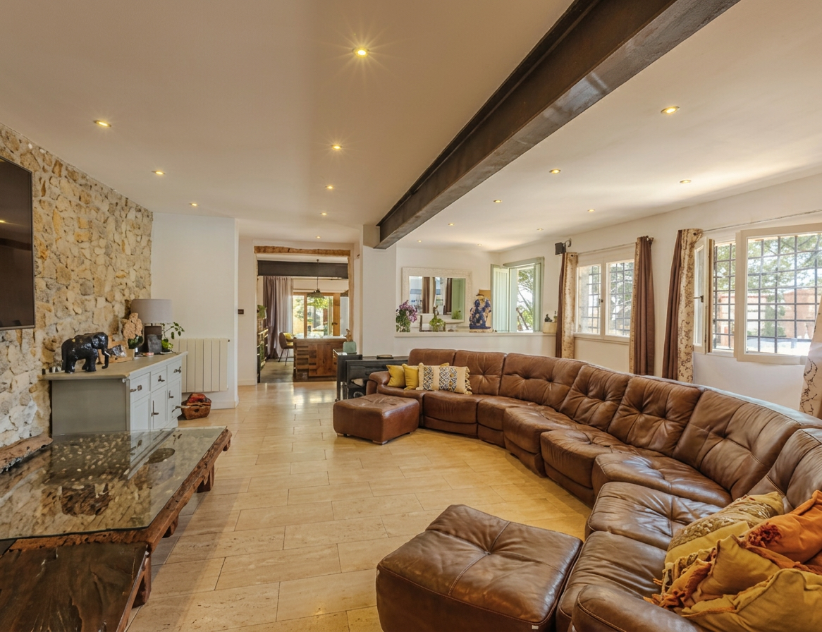 Open living space with modular leather sofa