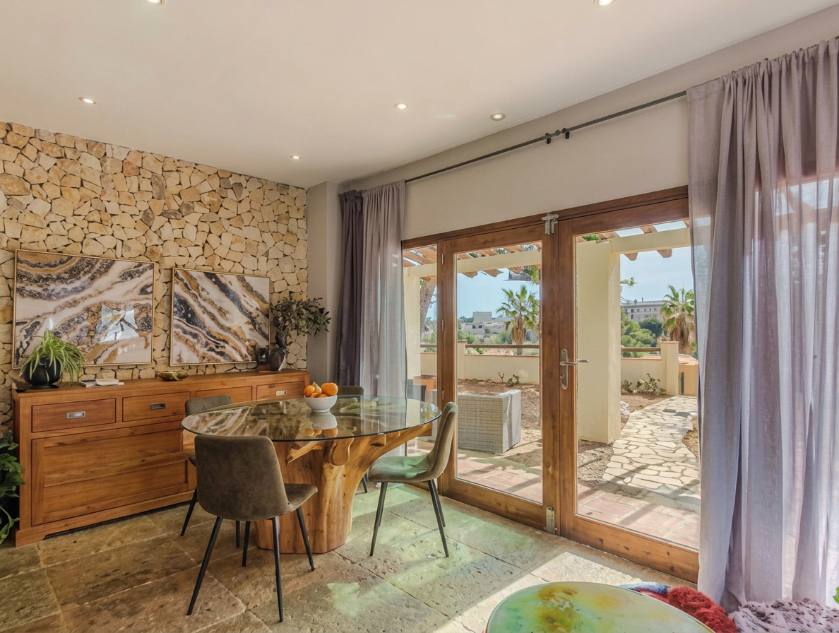 Dining room with round table and terrace doors