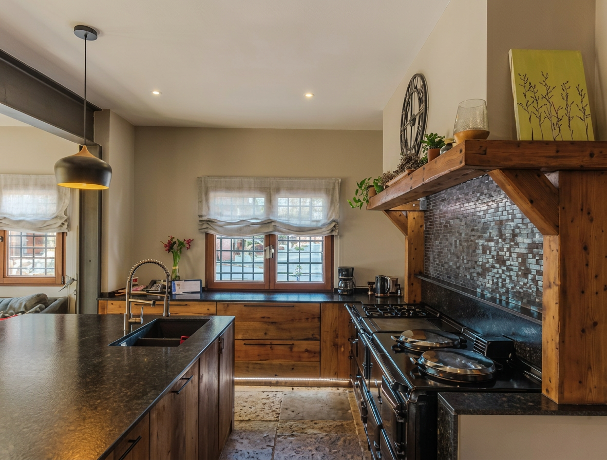 Kitchen with AGA range and mosaic hood