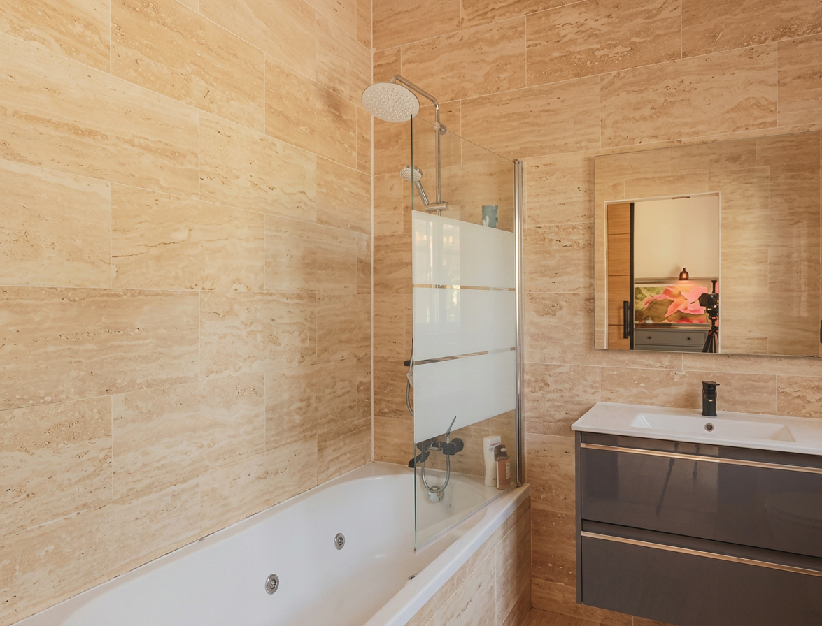 Bathroom with soaking tub, shower and travertine