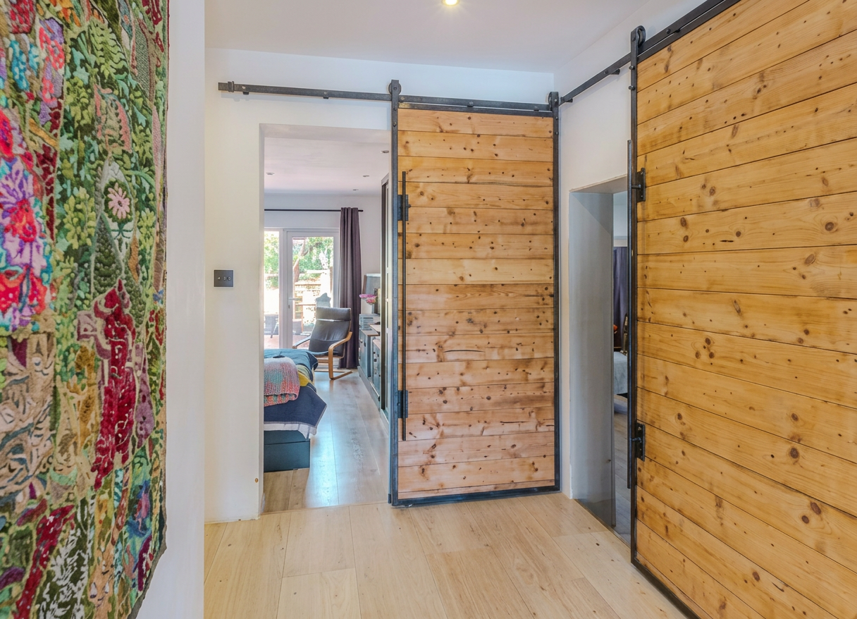 Hallway with artwork and wooden sliding doors