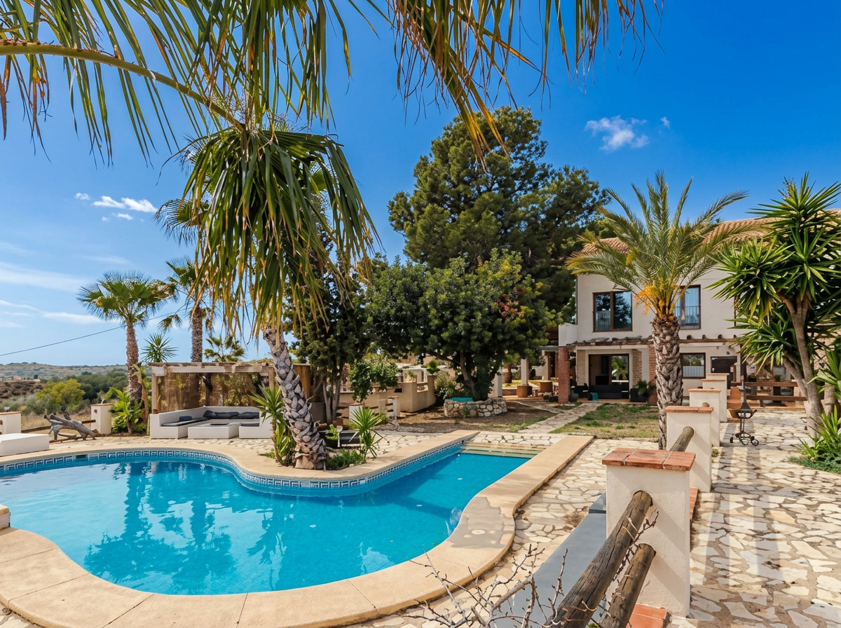 Freeform pool with palms and the main villa