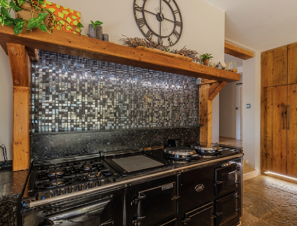 Close-up of the AGA range and mosaic wall